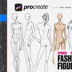女性ファッションデザイン ブラシフィギュア、5 つの異なるポーズ、5 つの異なるスタイル、(25 のフィギュア!)クロッキー テンプレート、PNG、ブラシ、PDF、Procreate 用