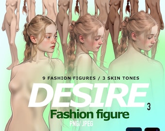 May include: Nine fashion figure illustrations in three different skin tones. The figures are nude and have long, flowing hair. The text "DESIRE Fashion figure 3 PNG/JPEG" is at the bottom of the image.