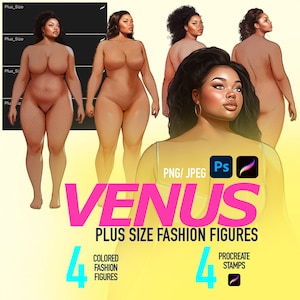 May include: Four digital illustrations of plus size fashion figures in various poses. The figures are nude and have brown skin. The illustrations are labeled "Venus Plus Size Fashion Figures".