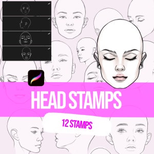 May include: A set of 12 head stamps for digital art. The stamps feature different angles and expressions of a female face. The text "HEAD STAMPS" and "12 STAMPS" is included in the image.
