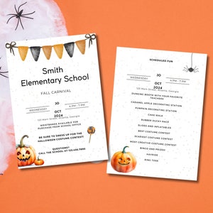 May include: Two Halloween-themed flyers on an orange background with spiderweb and plastic spiders. The flyers advertise a Fall Carnival at Smith Elementary School on October 30, 2024, with activities like a costume contest and games.