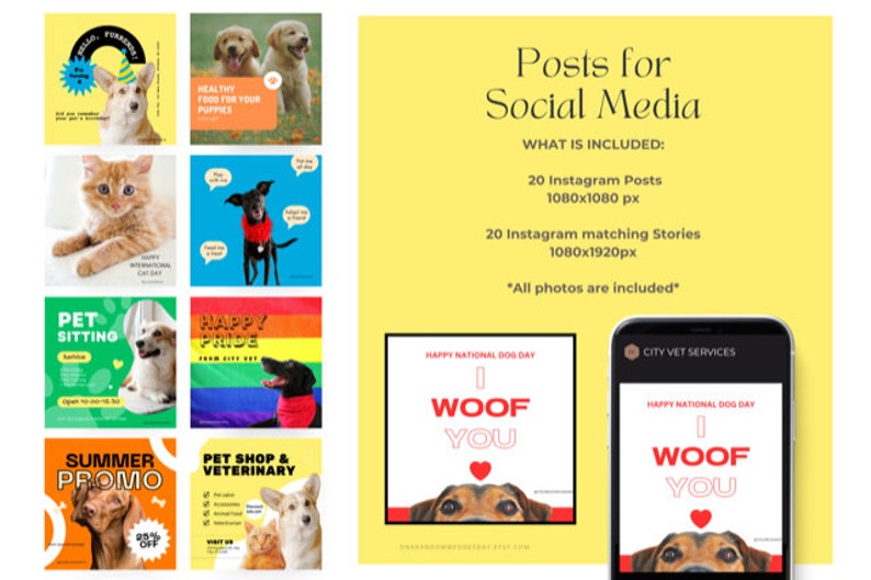 May include: A collection of 20 Instagram posts and 20 matching stories featuring adorable dogs and cats. The posts are designed for pet-related businesses and feature themes like pet sitting, summer promotions, and happy pride. The text on the images includes "Healthy Food for Your Puppies", "Pet Sitting", "Happy Pride", "Summer Promo", "Pet Shop & Veterinary", and "Happy National Dog Day".