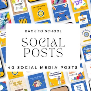 May include: A collection of 40 colorful social media posts for schools. The posts feature illustrations of children, books, and school supplies. The text on the posts includes phrases like "Back to School", "Science Night", "Field Day", and "Meet the Teachers".