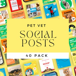 May include: A collage of 40 social media post templates for pet vets. The templates feature images of dogs and cats, and text such as "Pet Sitting", "Summer Promo", and "Healthy Food for Your Puppies".