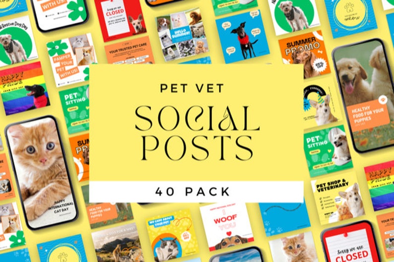 May include: A collage of 40 social media post templates for pet vets. The templates feature images of dogs and cats, and text such as "Pet Sitting", "Summer Promo", and "Healthy Food for Your Puppies".