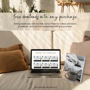 May include: A laptop computer with a white screen displaying a Canva "How To" video series. A book titled "Canva Basics" is on the couch next to the laptop. The text "free downloads with any purchase" is displayed above the laptop.