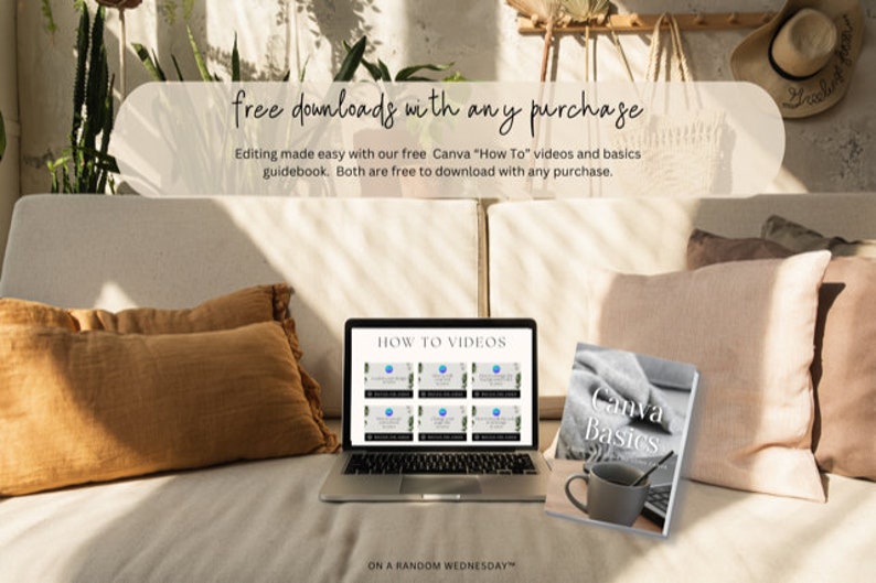 May include: A laptop computer with a white screen displaying a Canva "How To" video series. A book titled "Canva Basics" is on the couch next to the laptop. The text "free downloads with any purchase" is displayed above the laptop.