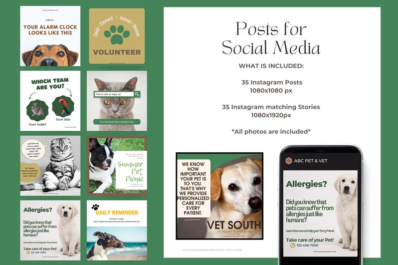 Peut inclure: Un collage d'images faisant la promotion d'une clinique v&eacute;t&eacute;rinaire. Les images pr&eacute;sentent des chiens, des chats et une empreinte de patte verte. Le texte sur les images comprend "Volunteer", "Summer Pet Picnic", "We know how important your pet is to you", "Vet South", "ABC Pet & Vet", "Allergies?", et "Daily Reminder".