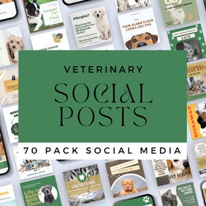 Peut inclure: Un collage de 70 publications sur les r&eacute;seaux sociaux pour les cliniques v&eacute;t&eacute;rinaires. Les publications pr&eacute;sentent des images de chiens et de chats, ainsi que du texte sur les services v&eacute;t&eacute;rinaires. Le texte "VETERINARY SOCIAL POSTS 70 PACK SOCIAL MEDIA" est au centre de l'image.