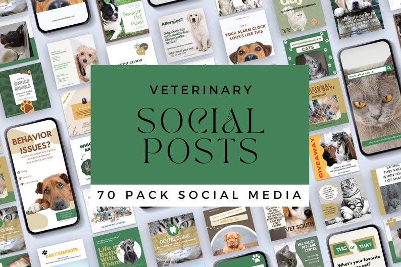 Peut inclure: Un collage de 70 publications sur les r&eacute;seaux sociaux pour les cliniques v&eacute;t&eacute;rinaires. Les publications pr&eacute;sentent des images de chiens et de chats, ainsi que du texte sur les services v&eacute;t&eacute;rinaires. Le texte "VETERINARY SOCIAL POSTS 70 PACK SOCIAL MEDIA" est au centre de l'image.