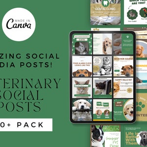 Peut inclure: Une tablette num&eacute;rique affichant une grille de 16 publications sur les r&eacute;seaux sociaux pour une clinique v&eacute;t&eacute;rinaire. Les publications pr&eacute;sentent des images de chats et de chiens, ainsi que du texte sur les soins aux animaux, les soins dentaires et les probl&egrave;mes de comportement. La tablette est sur un fond vert avec le texte "AMAZING SOCIAL MEDIA POSTS! VETERINARY SOCIAL POSTS 50+ PACK" en blanc.