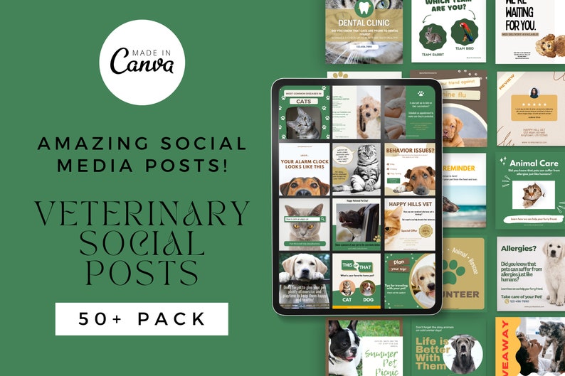 Peut inclure: Une tablette num&eacute;rique affichant une grille de 16 publications sur les r&eacute;seaux sociaux pour une clinique v&eacute;t&eacute;rinaire. Les publications pr&eacute;sentent des images de chats et de chiens, ainsi que du texte sur les soins aux animaux, les soins dentaires et les probl&egrave;mes de comportement. La tablette est sur un fond vert avec le texte "AMAZING SOCIAL MEDIA POSTS! VETERINARY SOCIAL POSTS 50+ PACK" en blanc.