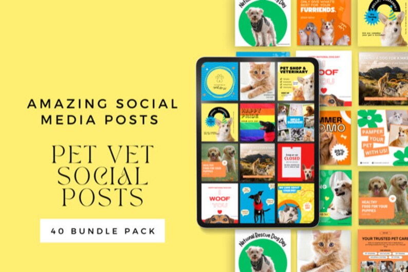 May include: A digital tablet displaying a grid of 40 colorful social media posts for a pet vet clinic. The posts feature images of dogs and cats, and include text such as "Woof You", "Summer Promo", and "Pamper Your Pet With Us!"