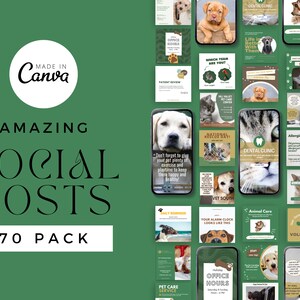 Peut inclure: Un fond vert avec le texte "MADE IN Canva" dans un cercle blanc. Le texte "AMAZING SOCIAL POSTS 70 PACK" est en noir. L'arri&egrave;re-plan est rempli de 70 mod&egrave;les de publications sur les r&eacute;seaux sociaux diff&eacute;rents pour une clinique v&eacute;t&eacute;rinaire. Les mod&egrave;les pr&eacute;sentent des images de chiens et de chats, ainsi que du texte sur les soins aux animaux, les soins dentaires et les probl&egrave;mes de comportement.