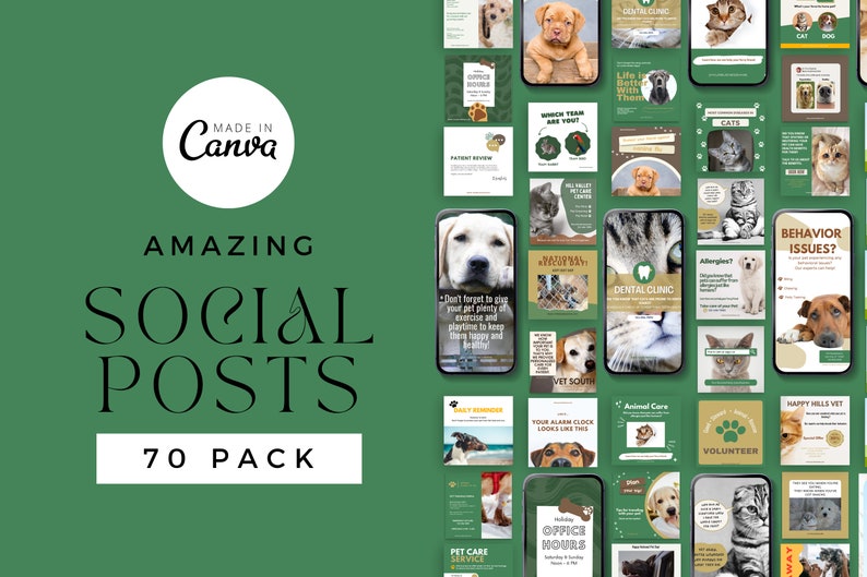 Peut inclure: Un fond vert avec le texte "MADE IN Canva" dans un cercle blanc. Le texte "AMAZING SOCIAL POSTS 70 PACK" est en noir. L'arri&egrave;re-plan est rempli de 70 mod&egrave;les de publications sur les r&eacute;seaux sociaux diff&eacute;rents pour une clinique v&eacute;t&eacute;rinaire. Les mod&egrave;les pr&eacute;sentent des images de chiens et de chats, ainsi que du texte sur les soins aux animaux, les soins dentaires et les probl&egrave;mes de comportement.