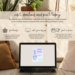 May include: A laptop computer displaying a printable invitation for a mermaid-themed party. The invitation features a mermaid tail, a cupcake, and the text "Splish Splash" and "Rachel's 5th Birthday". The laptop is on a couch with two brown throw pillows.