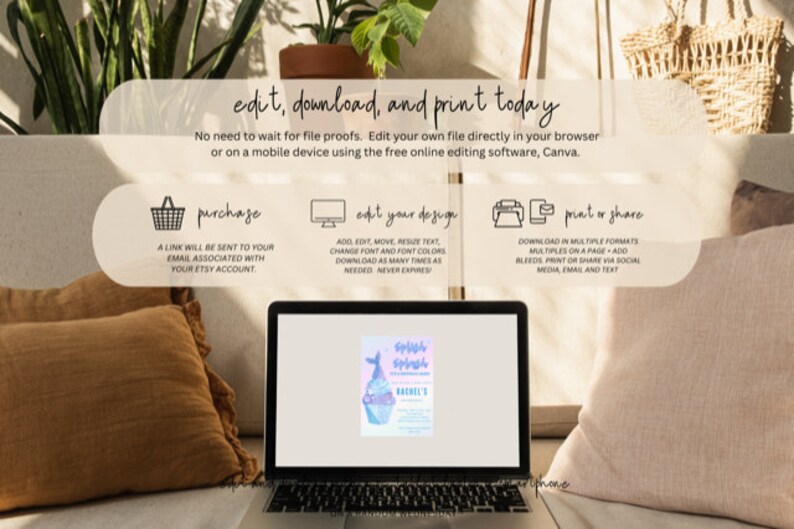 May include: A laptop computer displaying a printable invitation for a mermaid-themed party. The invitation features a mermaid tail, a cupcake, and the text "Splish Splash" and "Rachel's 5th Birthday". The laptop is on a couch with two brown throw pillows.