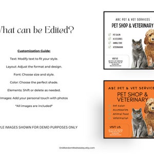 May include: A customizable template for a pet shop and veterinary business. The template features an orange background with a black and white border. The text "ABC Pet & Vet Services" is at the top of the template, followed by "Pet Shop & Veterinary". Below the text is a list of services offered, including "Pet Salon", "Accessories", "Animal Food", and "Veterinarian". The template also includes a "Visit Us" section with contact information. The template includes two images of a dog and a cat.