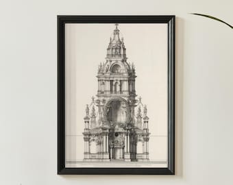 Desenho Técnico da Catedral - obras de arte para imprimir - Decoração de parede - imprimíveis de parede - Arte vintage