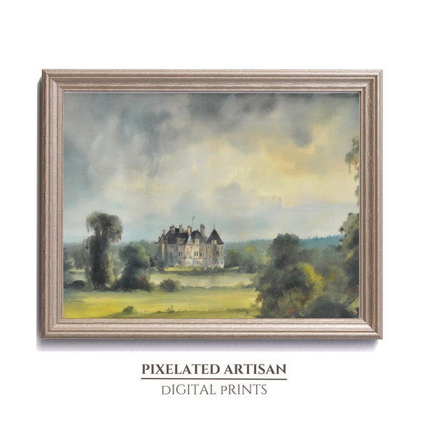 French Chateau Vintage Oil Painting - French Country Landscape Chateau Garden Wall Art | Digital Printable | Cozy French Countryside Decor