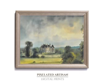 Peinture à l'huile vintage de château français - Art mural de jardin de château de paysage de pays français | Imprimable numérique | Décor de campagne française confortable