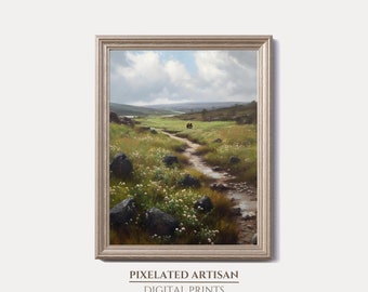 Vintage Ireland Bog Cotton Field Painting: Irish Landscape Art (Digital Download)