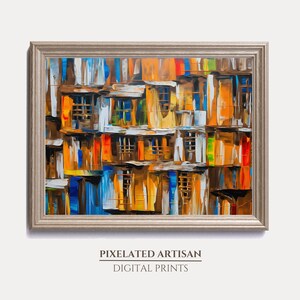 Puede incluir: Impresión artística enmarcada que representa una fachada de edificio con ventanas. La obra de arte utiliza una paleta vibrante de naranja, azul, amarillo y rojo. El texto "PIXELATED ARTISAN DIGITAL PRINTS" está en la parte inferior.