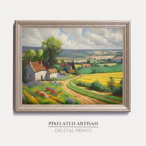 French Countryside Impressionism Painting: Farmhouse Landscape Art (Digital Printable)