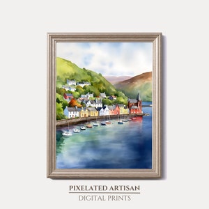 Portree Scotland Watercolor Print: Coastal Village Art (Digital Download)