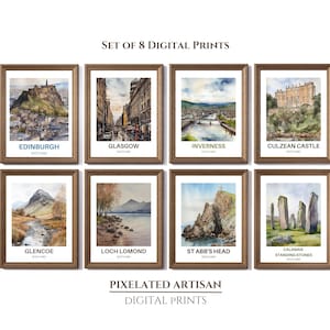 Set of 8 Scotland Watercolour Travel Posters | Digital Download Scotland Wall Art | European Landmark Art Print Gift | Scottish Gallery Set