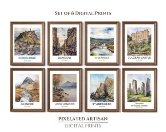 Set of 8 Scotland Watercolour Travel Posters | Digital Download Scotland Wall Art | European Landmark Art Print Gift | Scottish Gallery Set