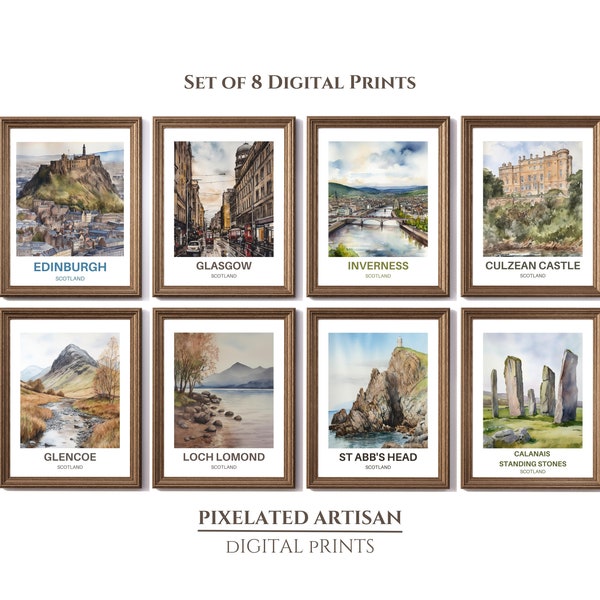 Set of 8 Scotland Watercolour Travel Posters | Digital Download Scotland Wall Art | European Landmark Art Print Gift | Scottish Gallery Set