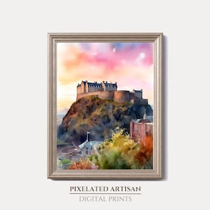Edinburgh Castle Dusk Watercolour Painting - Scottish Castle Wall Art | Digital Download Wall Art | Scottish Castle Cityscape Decor