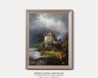 Cloudy Scotland Castle Impressionism Painting Printable Art | Instant Digital Download | Scottish Highlands Loch Castle | Vintage Decor