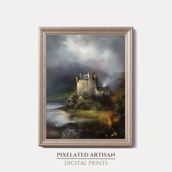 Cloudy Scotland Castle Impressionism Painting Printable Art | Instant Digital Download | Scottish Highlands Loch Castle | Vintage Decor