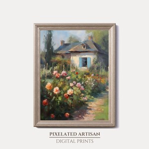 French Cottage Rose Garden Painting: Impressionism Art Print (Digital Printable)