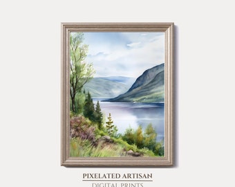 Impresión en acuarela del Lago Ness: Paisaje de las Tierras Altas de Escocia (Descarga digital)