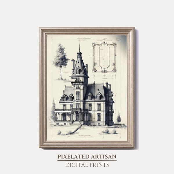 French Chateau Technical Drawings - printable artworks - Wall Decor - wall printables - Vintage art