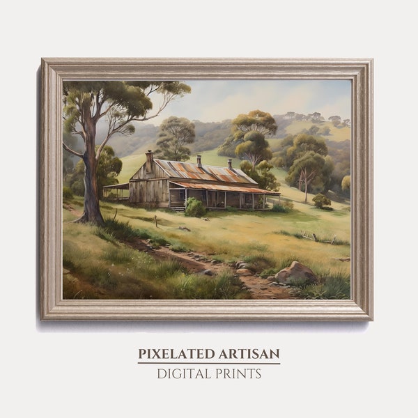 Australian Country Cottage Vintage Painting  - Digital Download Wall Decor - Vintage Prints- Australian Outback Landscape printable art
