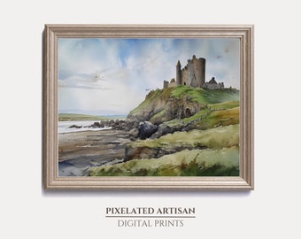 Irlanda acuarela campo castillo imprimible decoración de la pared - pintura de acuarela - arte generado por ai - descarga digital