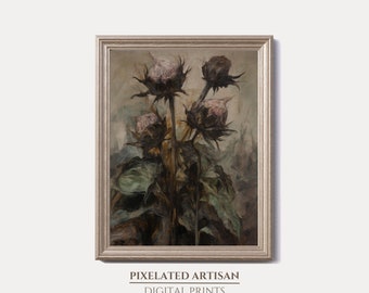 May include: A framed painting depicting a still life of dried thistle flowers in shades of brown, green, and pink. The flowers are arranged in a vase and are set against a muted background.