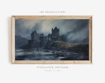 May include: A painting of a dark, misty castle on a rocky cliff overlooking a body of water. The castle is surrounded by fog and the water is calm and reflective. The painting is done in a realistic style and has a moody atmosphere.