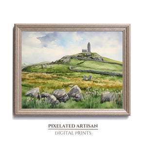 Watercolor Painting of Ireland Castle Landscape | Printable Wall Art | Digital Download| Irish Countryside| Green Hills | Castle Art Print