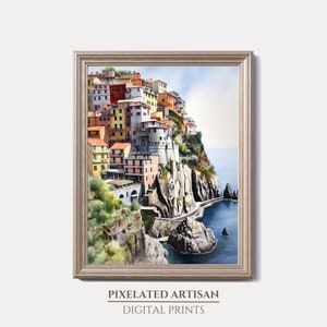 Aquarelprint Cinque Terre: vintage Italiaans landschap (digitale download)