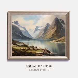 Norway Fjord Vintage Oil Painting Digital Download | Scandinavian Landscape Art Print | Nordic Coastal decor
