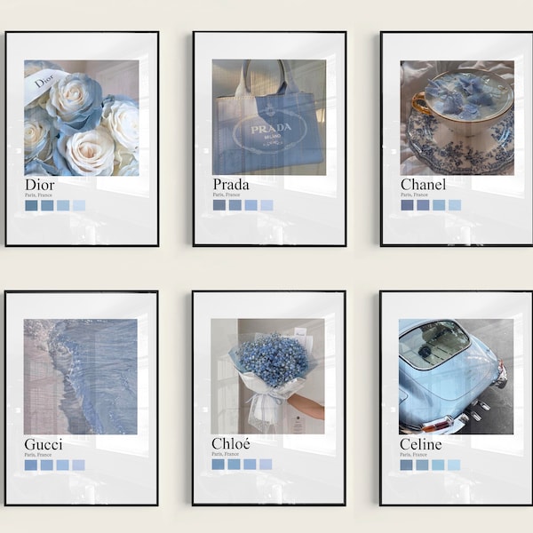 Set di lusso di 6 arte da parete di moda di fascia alta, stampa poster chic hypebeast di classe vintage minimalista digitale, designer stampabile camera decor blu