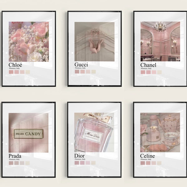 Set di lusso di 6 arte da parete di moda di fascia alta, stampa poster chic hypebeast di classe vintage minimalista digitale, designer stampabile camera decor rosa