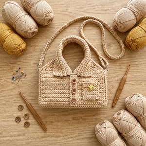 May include: A beige crochet handbag shaped like a collared shirt with three brown buttons, a small pocket, and a yellow flower embellishment. The bag features a long strap and is surrounded by beige and mustard yarn balls, a crochet hook, and pins.