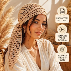 May include: A beige crocheted head covering with a long, flowing tail. The head covering is made of a net-like pattern. The image also includes text that says "PDF Pattern Included", "Complete Video Tutorial", and "Beginner Friendly Guide".