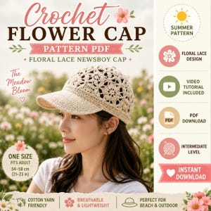 May include: A beige crochet newsboy cap featuring a floral lace pattern. The image includes text: Crochet Flower Cap Pattern PDF, The Meadow Bloom, One Size Fits Adult 54-58 cm (21-23 in), Summer Pattern, Floral Lace Design, Video Tutorial Included, PDF Download, Intermediate Level, Instant Download, Cotton Yarn Friendly, Breathable & Lightweight.